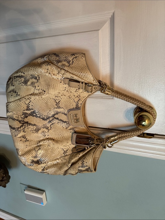 Coach Handbags - Coach Cream and Brown Snake-Print Leather Hobo Bag